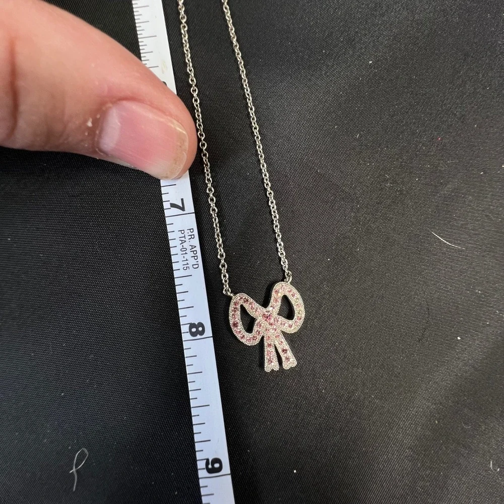 Coach Silver Tone Pink Pave Crystal Bow Pendant‎ Necklace 17 Inch Chain